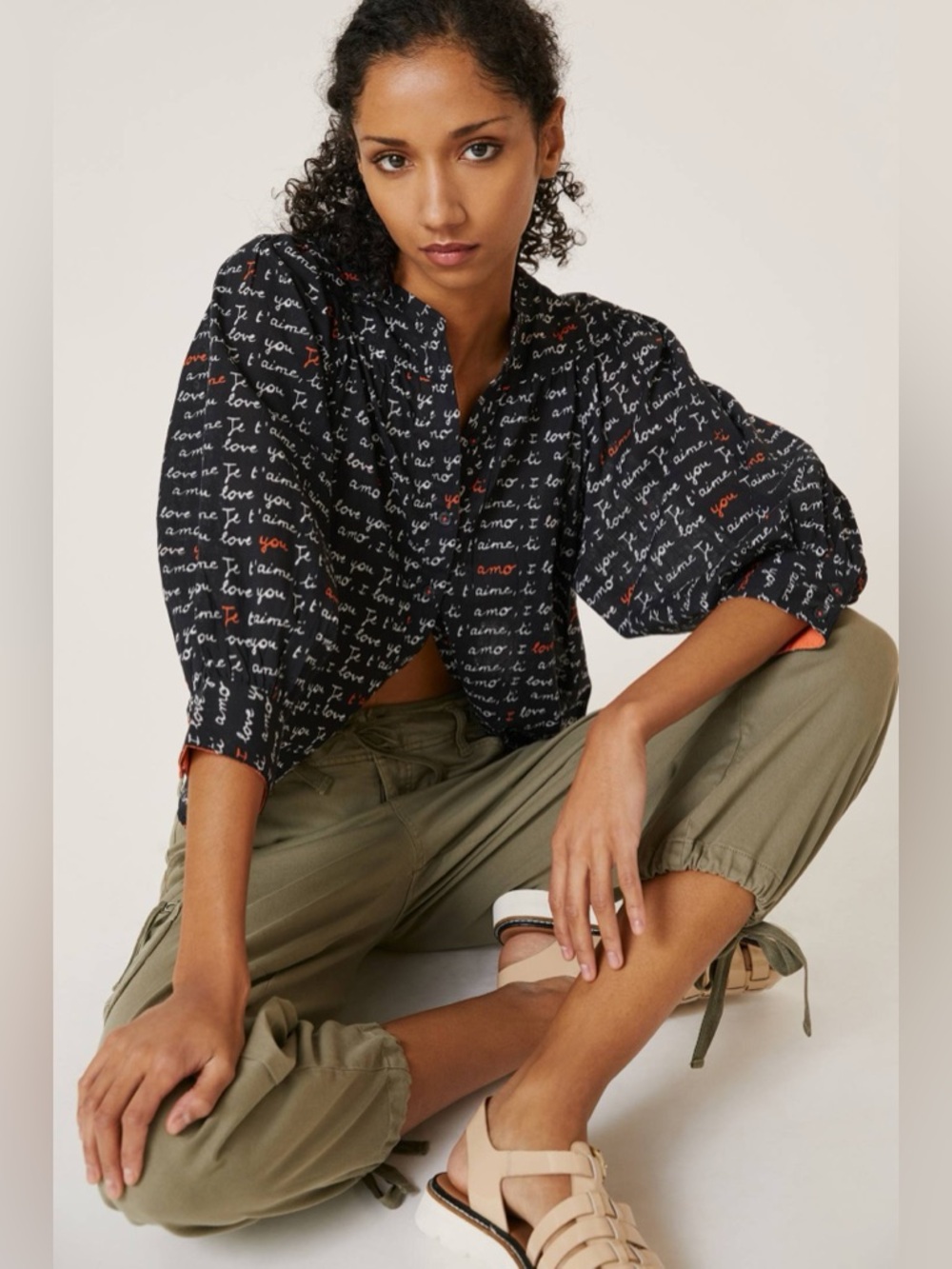 Anthropologie Laetitia Rouget I love you Puff-Sleeved Buttondown blouse small